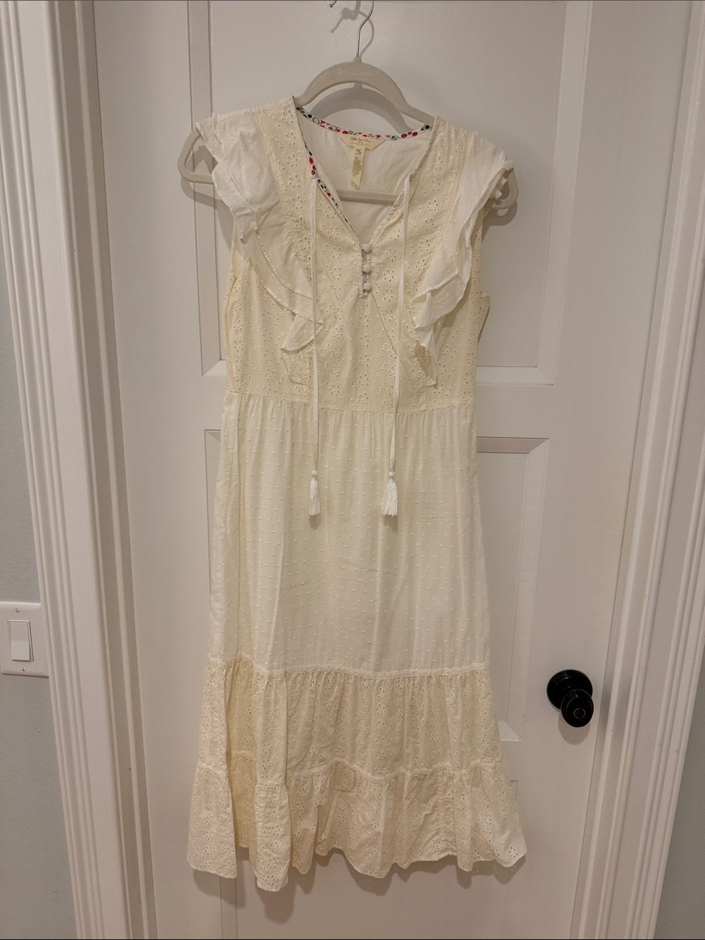 Matilda Jane Cream Eyelet Tassel Midi Dress with Ruffle Shoulders